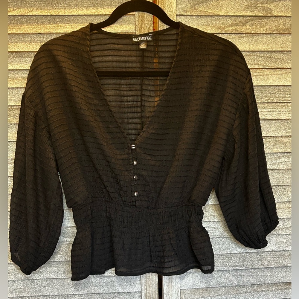 ROSEWATER REMI Black V Neck Top Blouse Ruffle bottom Size Medium